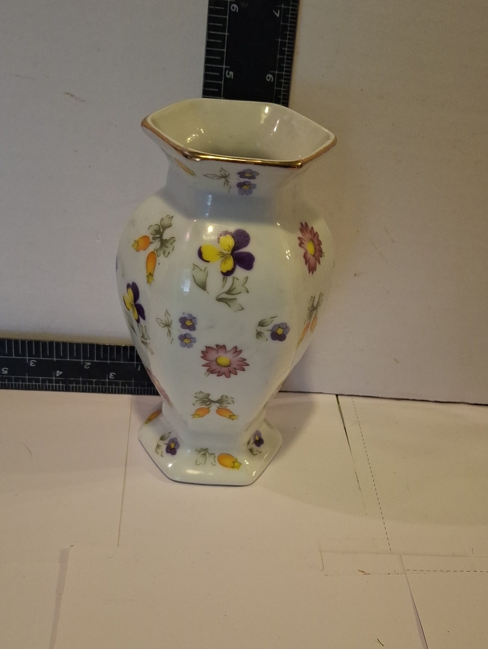 Porcelain Floral Accent Vase with Gold Trim - White, Purple & Yellow